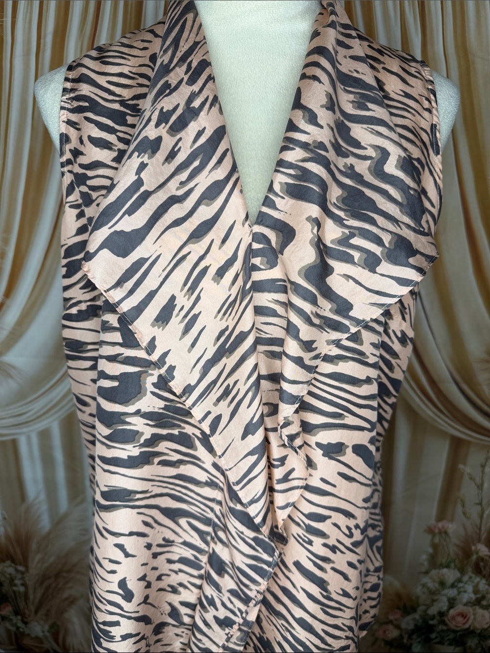 CAbi Taupe and Black Animal Print Draped Sleeveless Blouse 100% Silk
